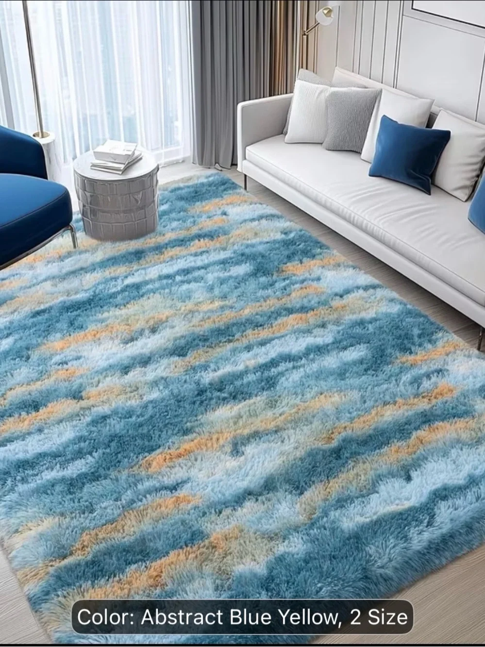 Plush Abstract Blue & Yellow Area Rug - Picture 1 of 7
